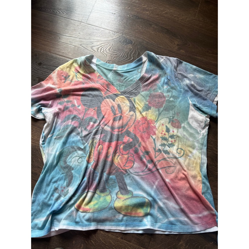 Disney Mickey Mouse Tie Dye V-Neck Graphic T-Shirt Floral Roses 4X Multi-Color